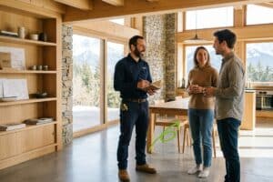 Artisan de confiance rencontrant des clients dans un chalet à Samoëns, dans la vallée du Giffre